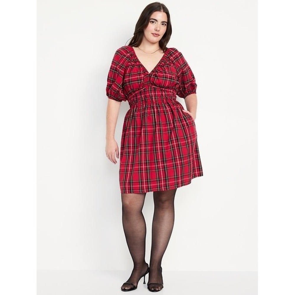 Old Navy Red Tartan Plaid Smocked Waist-Defined Mini Dress Puff Sleeve L